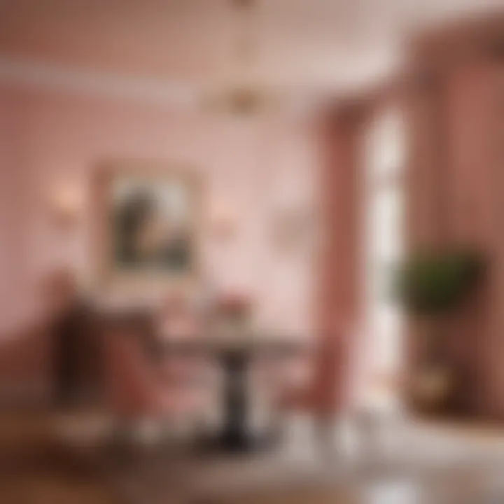 Charming dining area enhanced by blush pink walls and tasteful decor