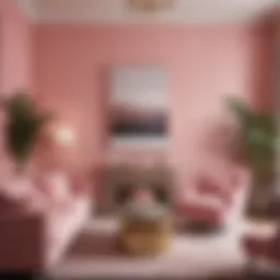 Elegant living room with pink accent wall and modern furnishings