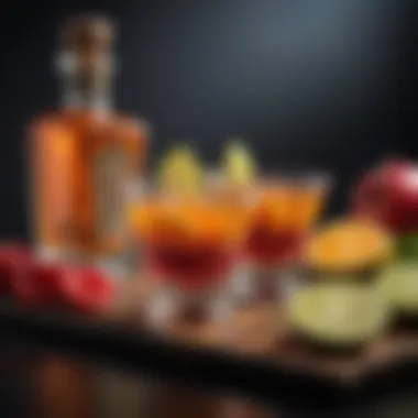 Artful arrangement of fruit garnishes alongside tequila and juice