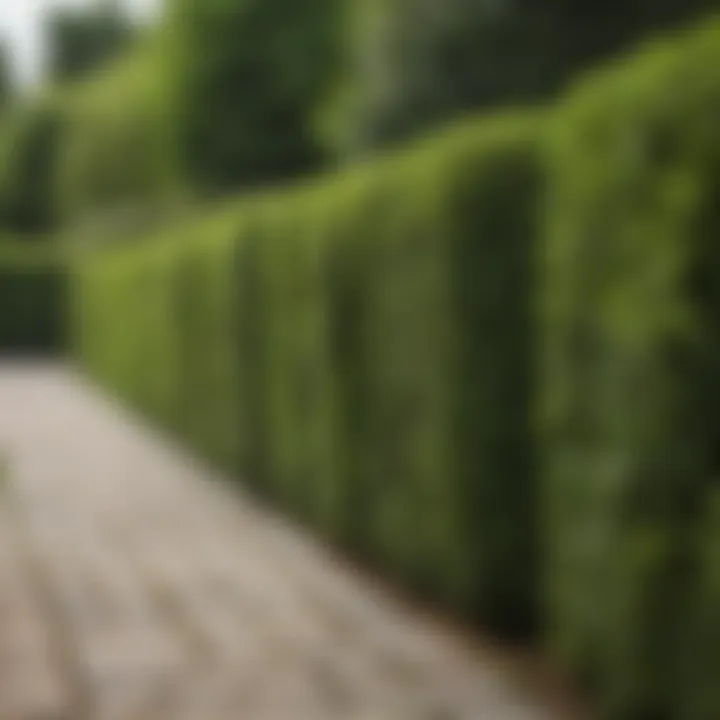 Pruned shrub hedge lining a walkway in a landscaped garden