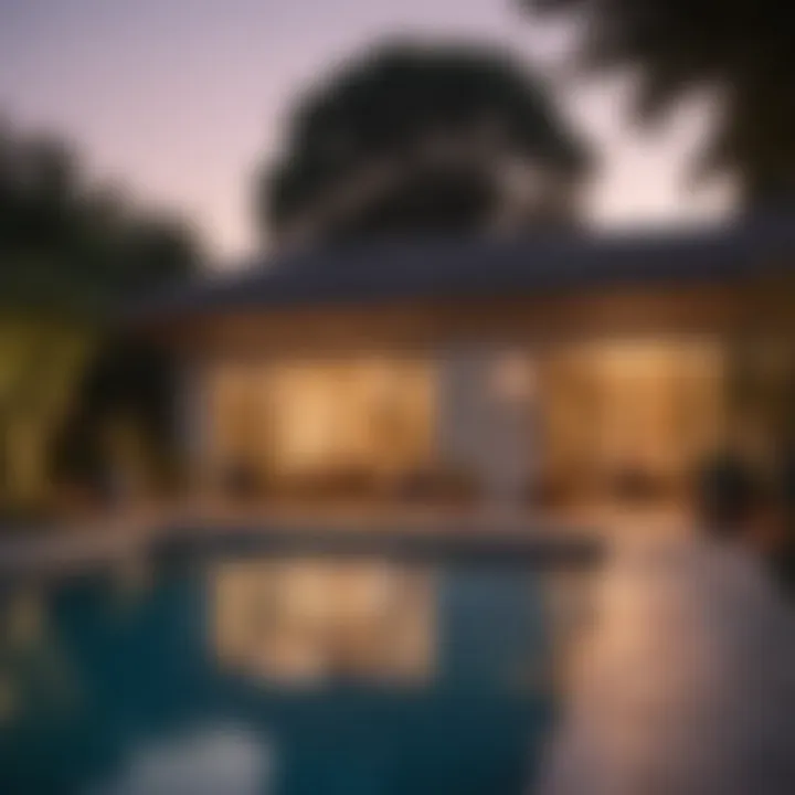 Soft ambient lighting illuminating a poolside garden at dusk