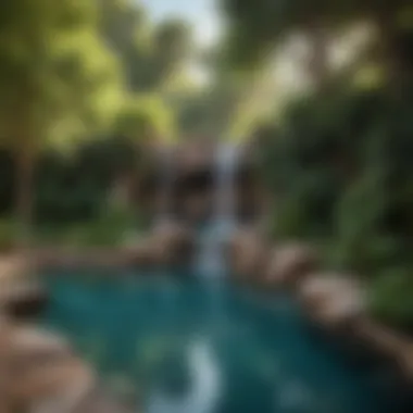 Cascading Waterfall Creating Calmness by the Pool Tranquil water feature with a cascading waterfall next to a pool
