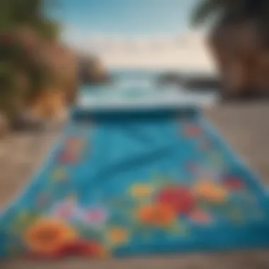 Luxurious beach towel with intricate floral patterns against a backdrop of azure waters