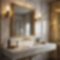 Luxurious marble and gold accents in a tiny bathroom