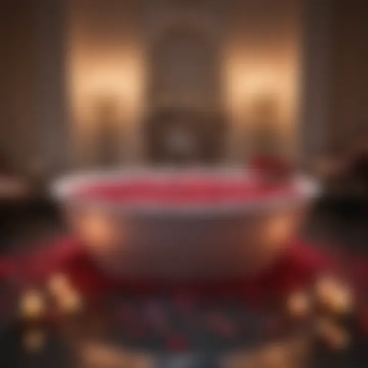 A decadent spa bath filled with rose petals and surrounded by candles