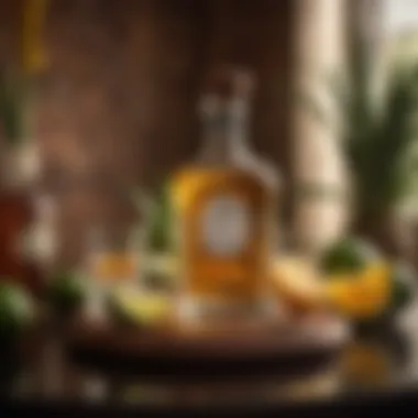 Opulence Meets Freshness in Tequila Creations A luxurious setting with tequila bottles and fresh juice ingredients