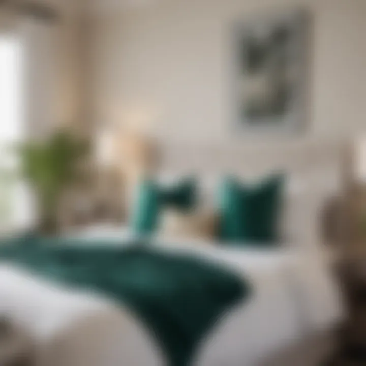 Luxurious White Bed with Emerald Green Throw Pillows