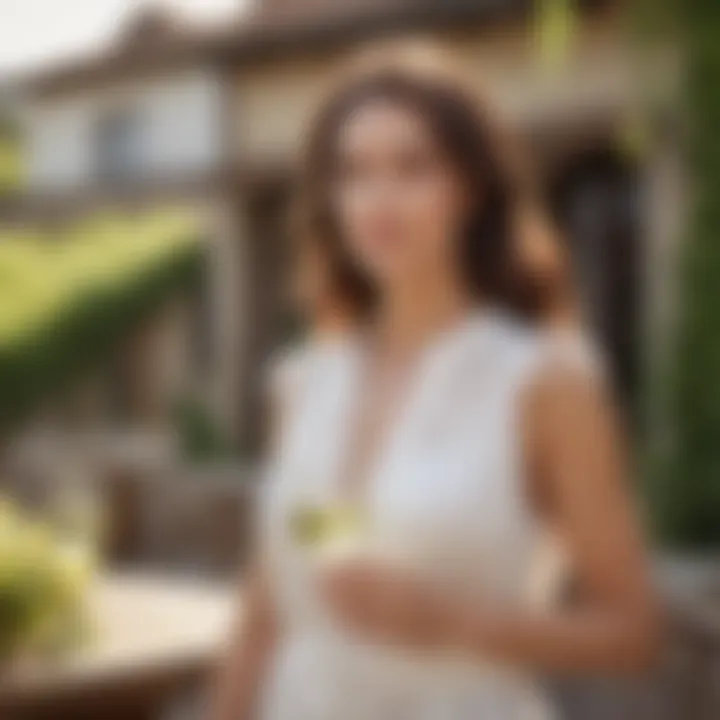 Fashionable woman in a stylish summer dress with a glass of white wine