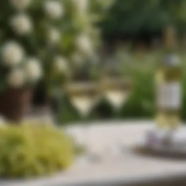 Chic outdoor setting with white wine glasses and floral arrangements