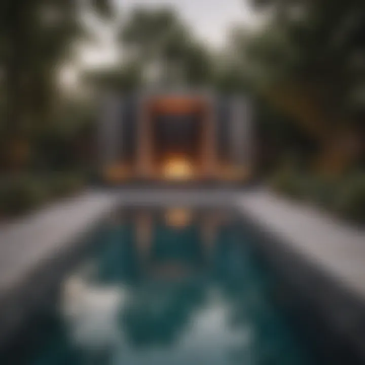 Sleek geometric pool design with integrated fire feature