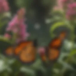 Majestic Monarch Butterfly hovering over vibrant butterfly flower plant