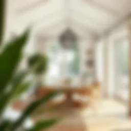 A serene summer house interior featuring soft pastel color schemes and natural materials.