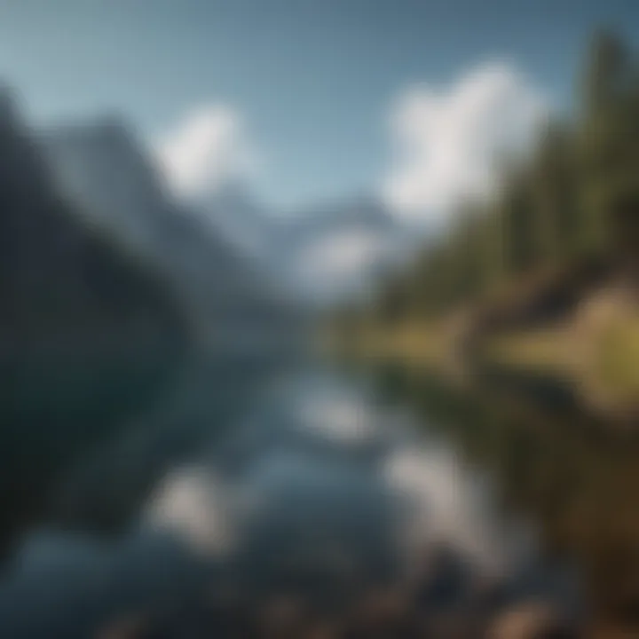 Tranquil mountain landscape with a serene lake reflecting the sky.