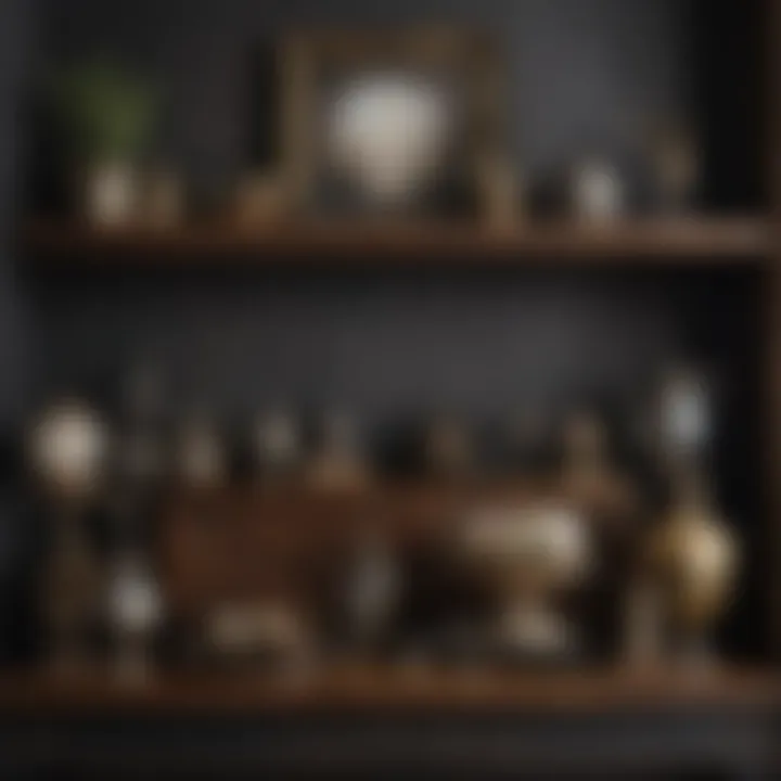 Stylish display of antique decor items on a contemporary shelf