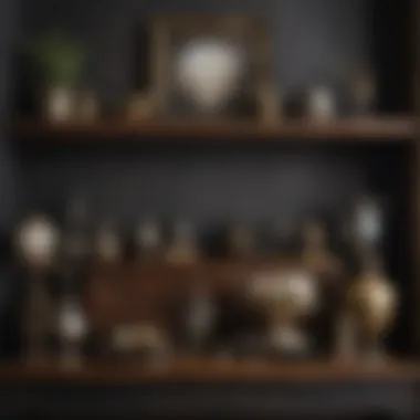 Artful Arrangement of Antiques in a Modern Context Stylish display of antique decor items on a contemporary shelf