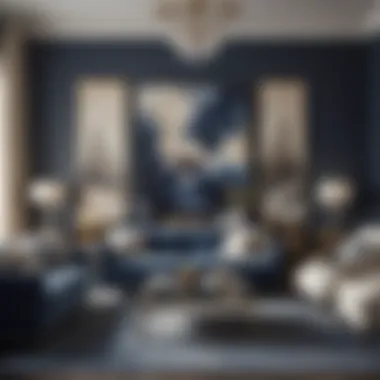 Contemporary artwork displayed in a navy blue and beige living room, adding a touch of elegance.