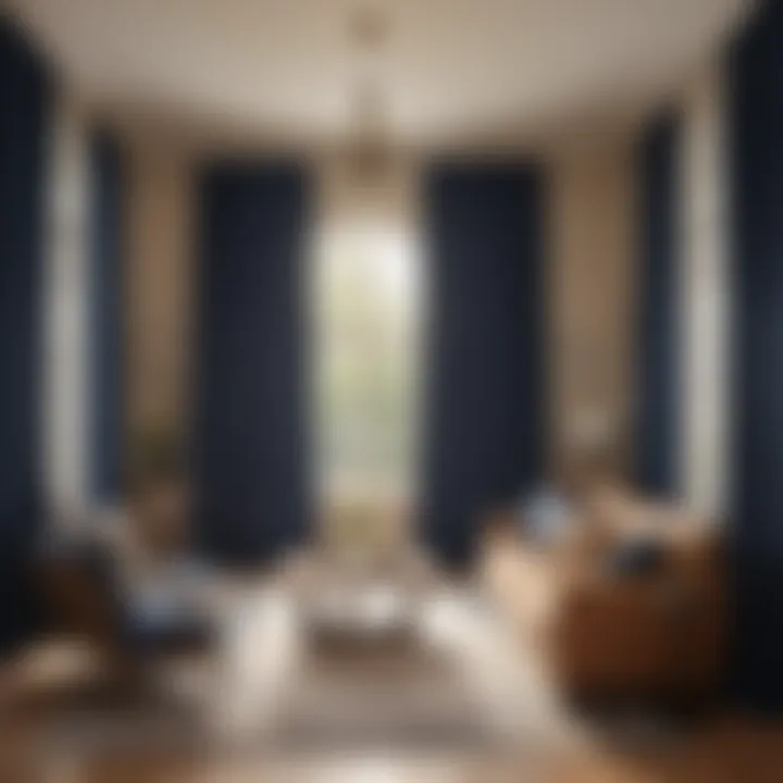 Warm living room featuring navy blue curtains and beige walls, creating a cozy atmosphere.