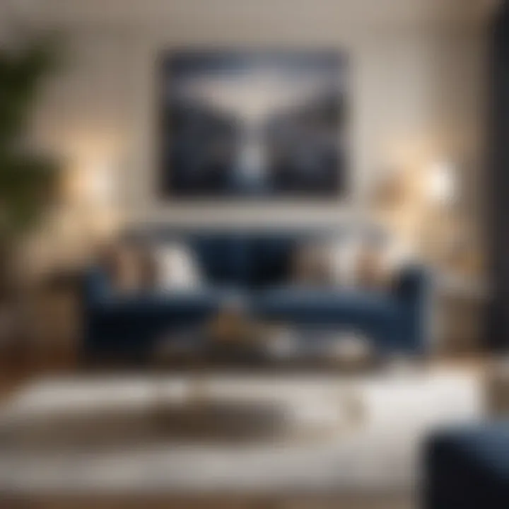 Luxurious navy blue sofa paired with beige cushions in a sophisticated living room setting.