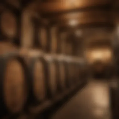 Oak barrels in a wine cellar with soft lighting