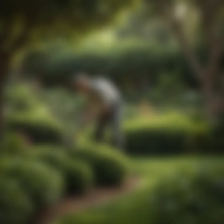 An expert gardener tending to a variety of shaded bushes, highlighting maintenance practices.