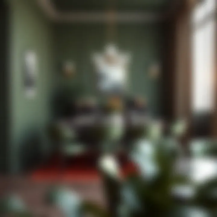 Stylish dining area showcasing deep green walls and refined furniture