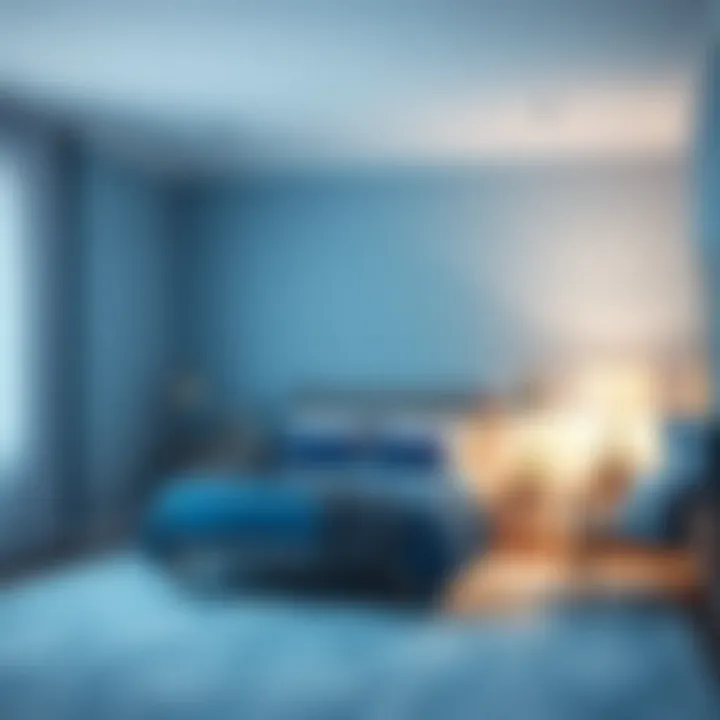 Tranquil bedroom featuring soft blue shades and ambient lighting