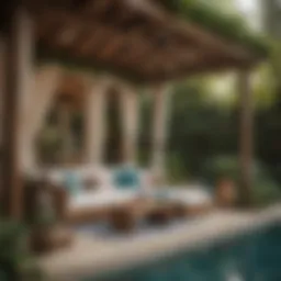 Stylish outdoor cabana with plush seating and tropical decorations