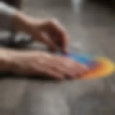 Detailed view of painter's hand skillfully blending colors on the floor