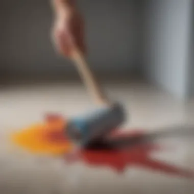 Artistic paint roller applying a smooth layer of color on the floor