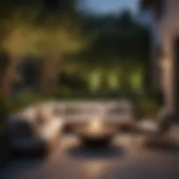 Elegant outdoor patio with modern furniture and lush greenery