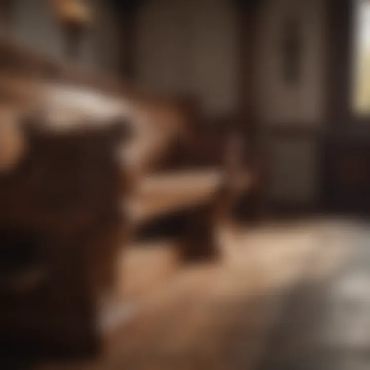 Vintage church interior with ornate wooden pews