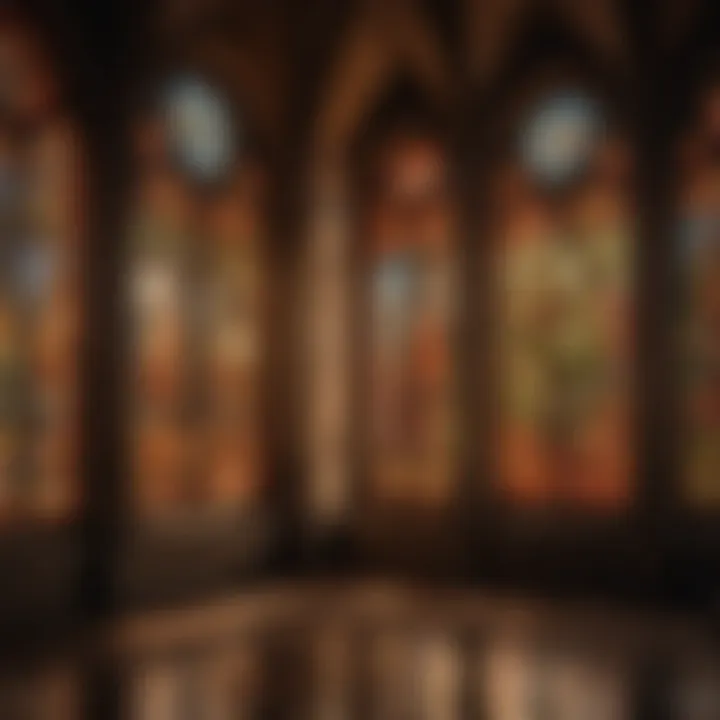 Sunlight cascading through stained glass windows of Redstone Castle