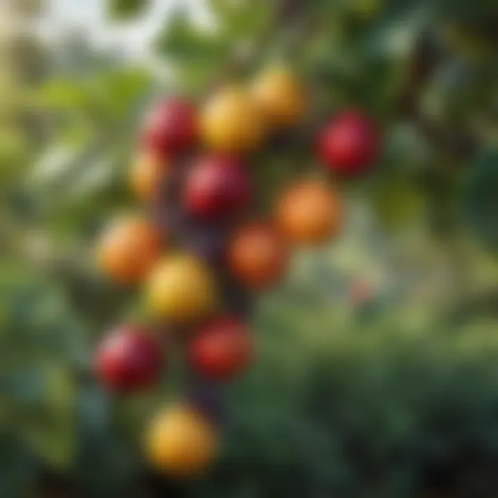 Close-up of ripe fruits hanging from a branch, showcasing their rich colors and textures