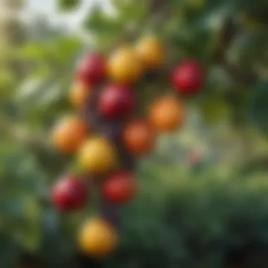 Vibrant Fruits Ready for Harvest Close-up of ripe fruits hanging from a branch, showcasing their rich colors and textures