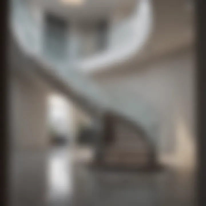 Contemporary round staircase featuring glass panels and chrome accents