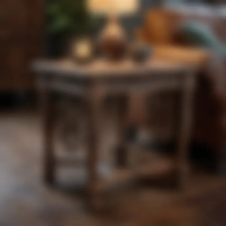 Rustic wooden end table with intricate carvings in a cozy living room setting