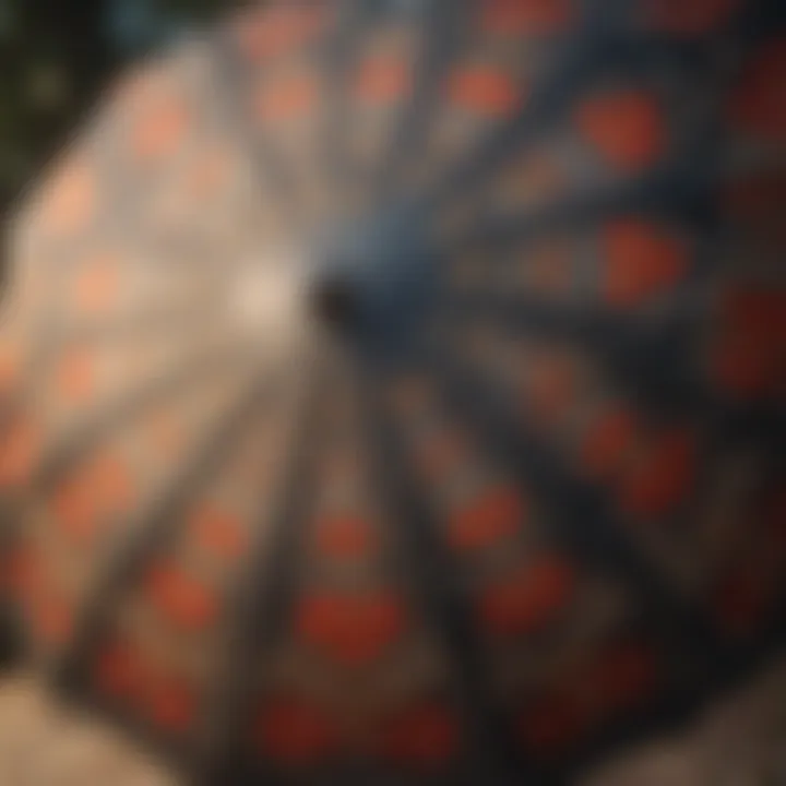 Close-up of intricate fabric patterns on an umbrella