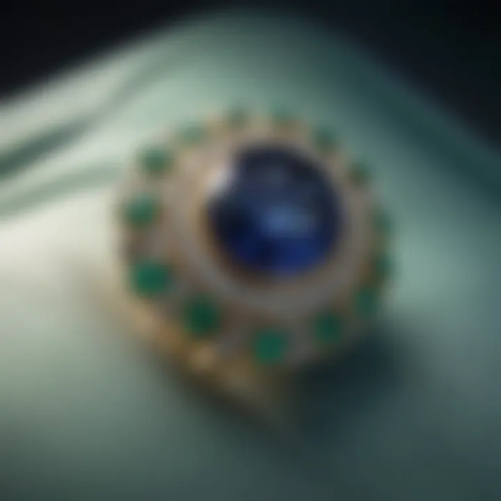 Sapphire and Emerald Ring on Satin Pillow