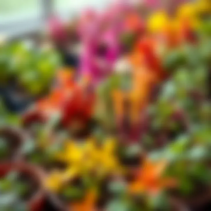 An assortment of colorful herb seedlings in pots