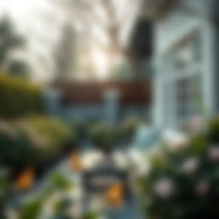 Serene outdoor space featuring fragrant shrubs and seating area