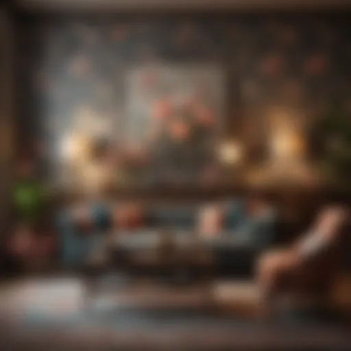 Elegant living room adorned with floral wallpaper