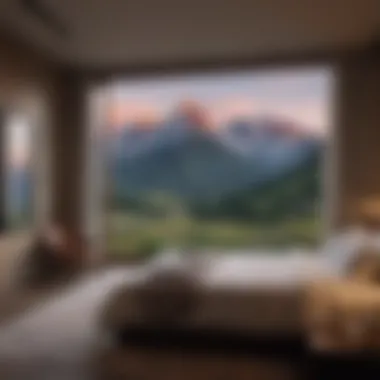 A bedroom with a panoramic view of a serene mountain landscape