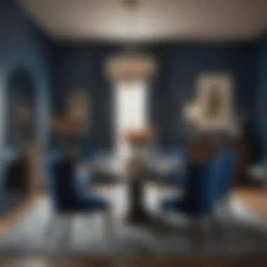 Sophisticated dining area with deep blue accents