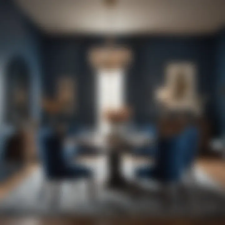 Sophisticated dining area with deep blue accents