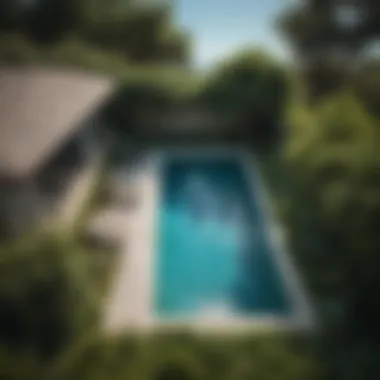 Aerial view of a sleek lap pool surrounded by lush greenery