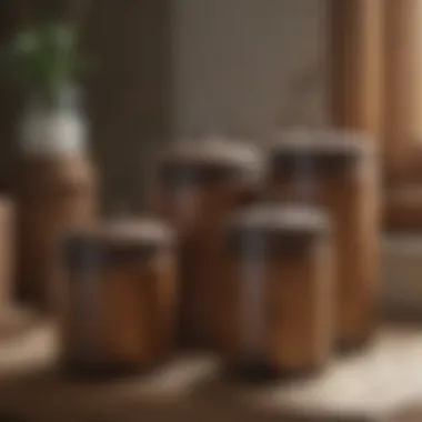 Wooden canisters adding a rustic touch to a chic bathroom