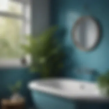 Soothing blue bathroom wall with botanical accents