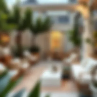 Chic Outdoor Patio with Gold and White Elements Outdoor patio adorned with gold and white furniture