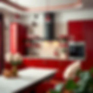 Elegant Color Combinations in Red Kitchen Elegant red kitchen combined with contrasting colors and textures