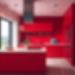 Vibrant red kitchen interior showcasing modern design elements